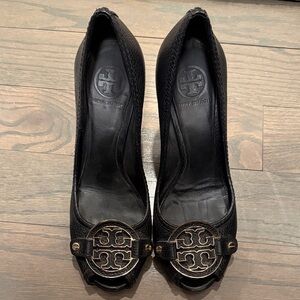 Tory Burch Black Amanda Peep Toe Wedges